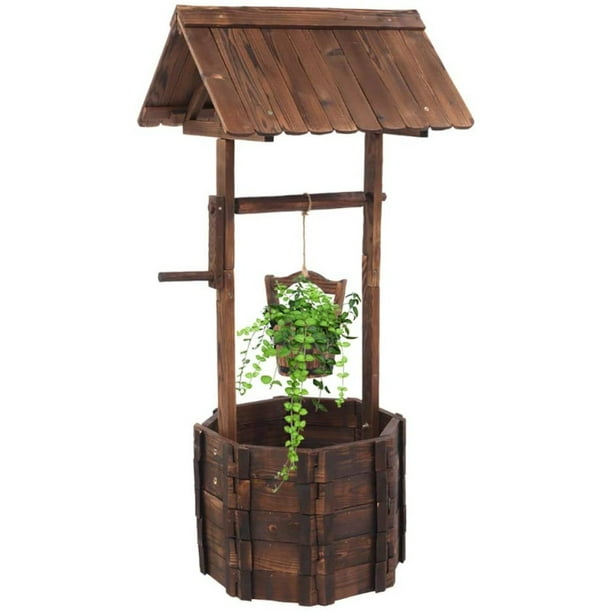 Outdoor Planter Decorative Wishing Well Garden Ornament Lawn Wooden Plant Pot